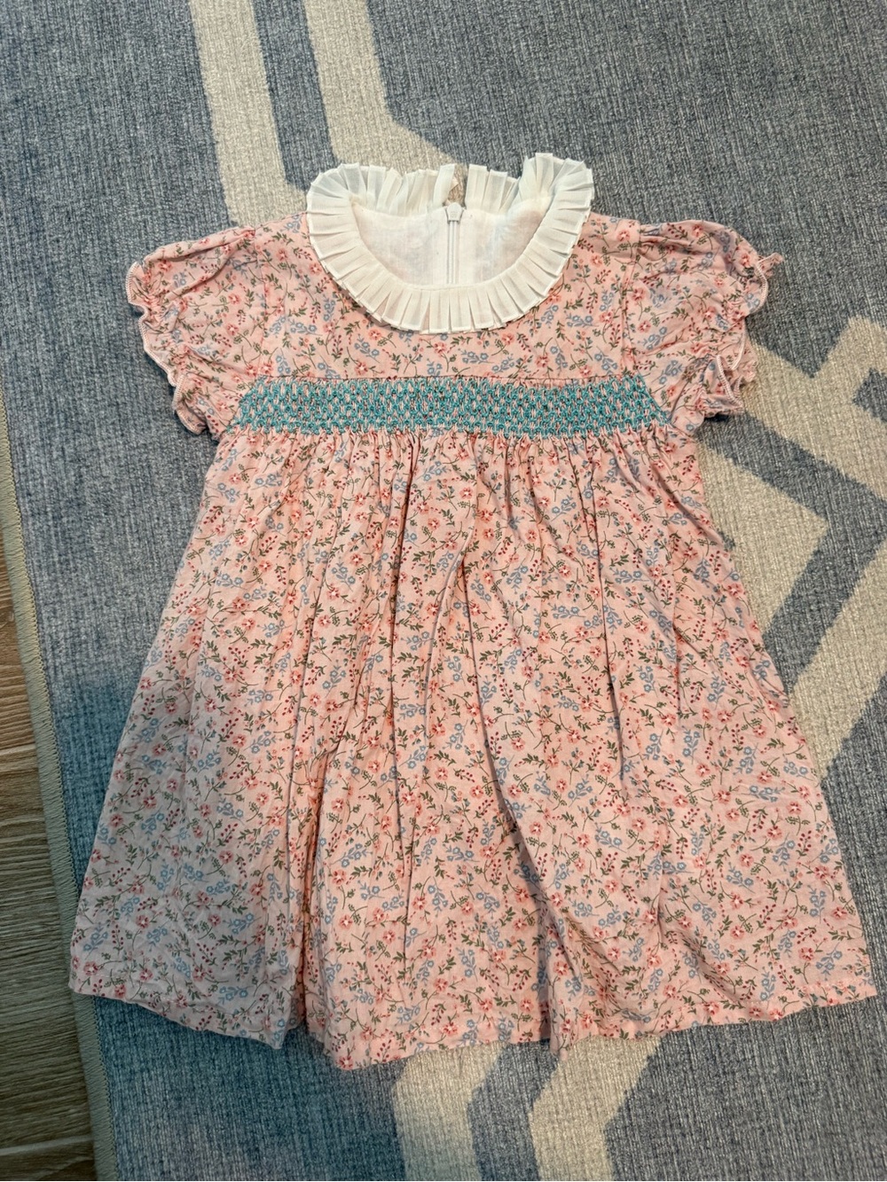 Smocked Pink Floral Ruffle Collar Kids Dress